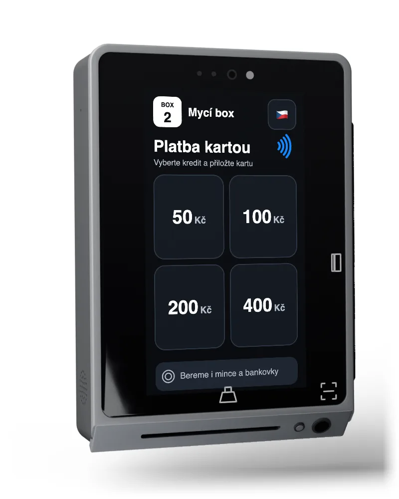 Platební terminál Nexgo UN20 s aplikací myčky: zákazník vybere kredit, přiloží kartu a box dostane kredit; mince se počítají také.