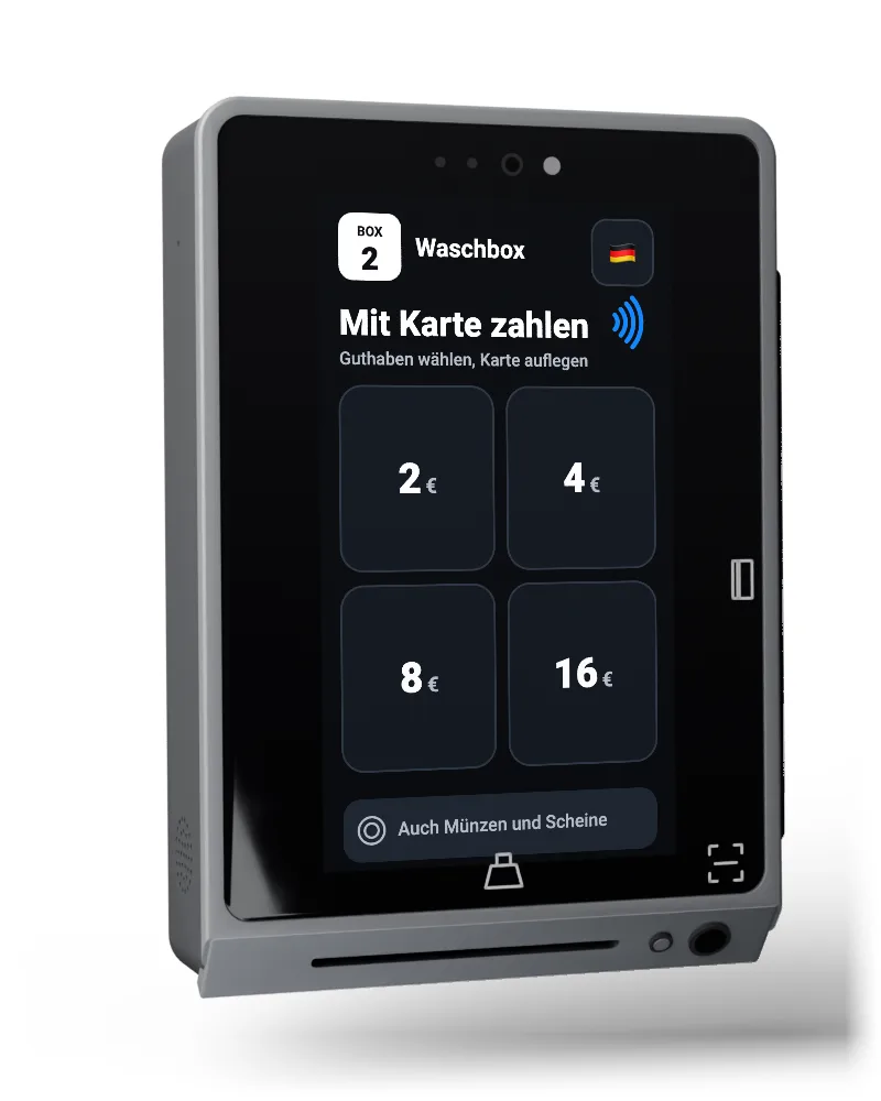 Zahlungsterminal Nexgo UN20 mit der Waschanlagen-App: Der Kunde wählt das Guthaben, hält die Karte an und die Box erhält das Guthaben; auch Münzen werden gezählt.