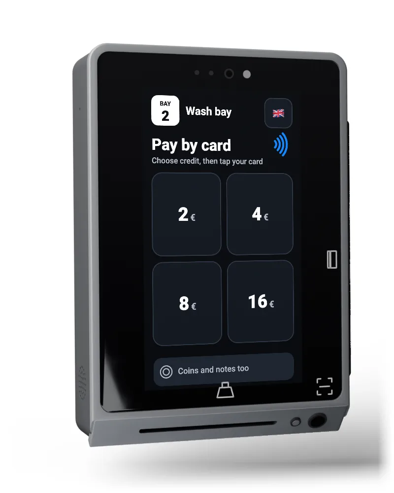 Nexgo UN20 payment terminal running the car wash app: the customer picks credit, taps a card and the bay gets the credit; coins are counted too.